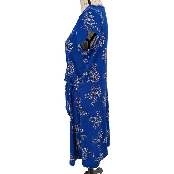 T by Talbots Dress Med Blue White Paisley Bow at Waist Midi Casual - Picture 4 of 9